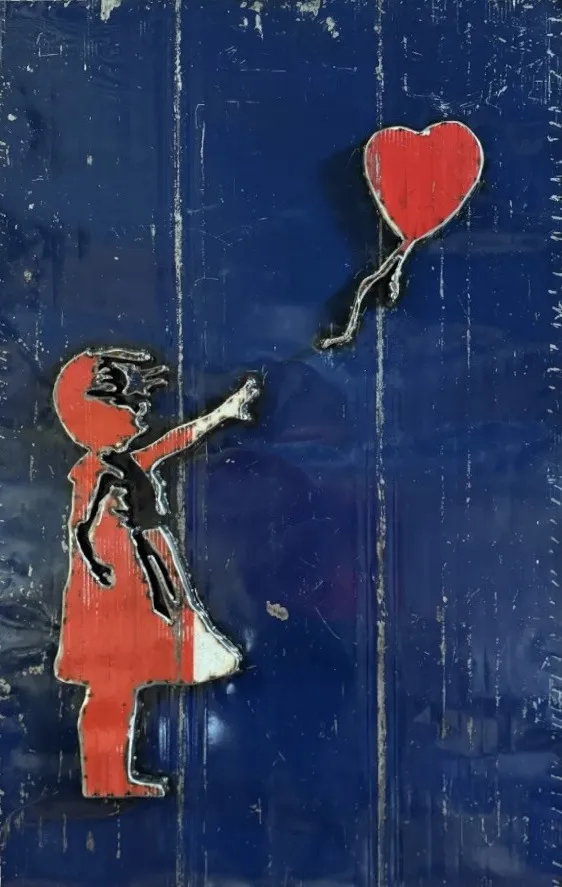 Stahlbild nach Banksys Mädchen mit rotem Herzballon auf dunkelblauem Metallgrund