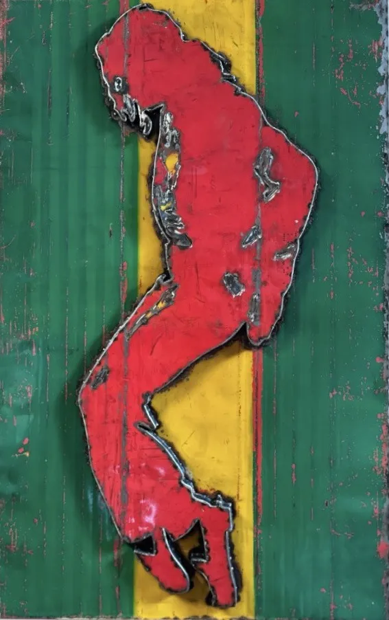 Stahlbild von Michael Jackson in Tanzpose, rote Figur auf grün-gelbem Metallgrund